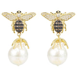 Baroque Pearl Honey Bee Drop Earring Gold