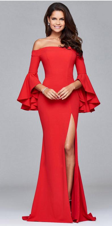 New Party Dress Sexy off-the-Shoulder Formal Dress Bell Sleeve Split