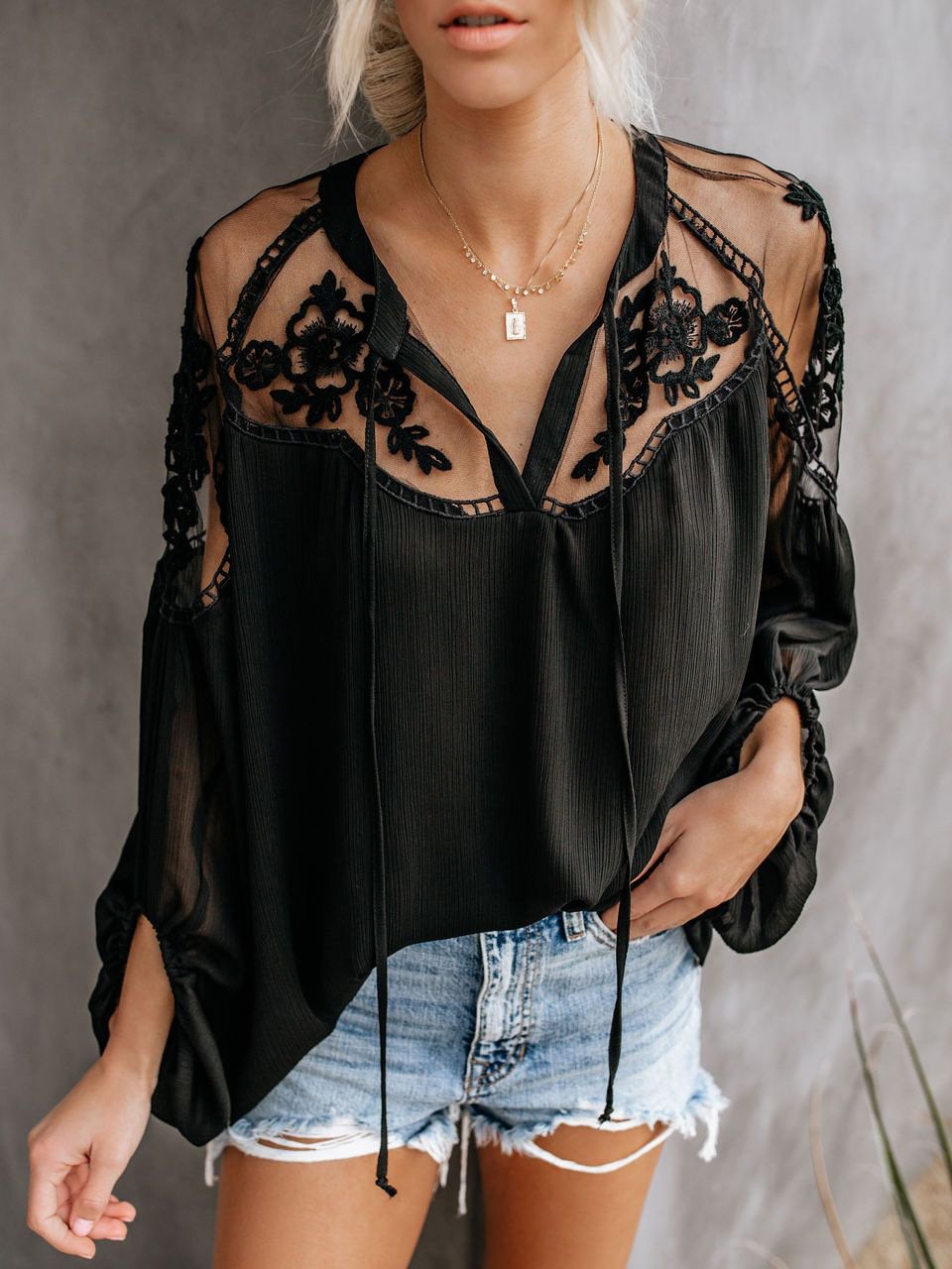 Casual Solid V Neck Lace Crochet Button Blouses