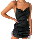 Satin Jacquard Cowl Neck String Along Mini Dress Side Ruched Silky