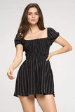 Smock Ruched Romper With Puff Sleeves In Stripe
