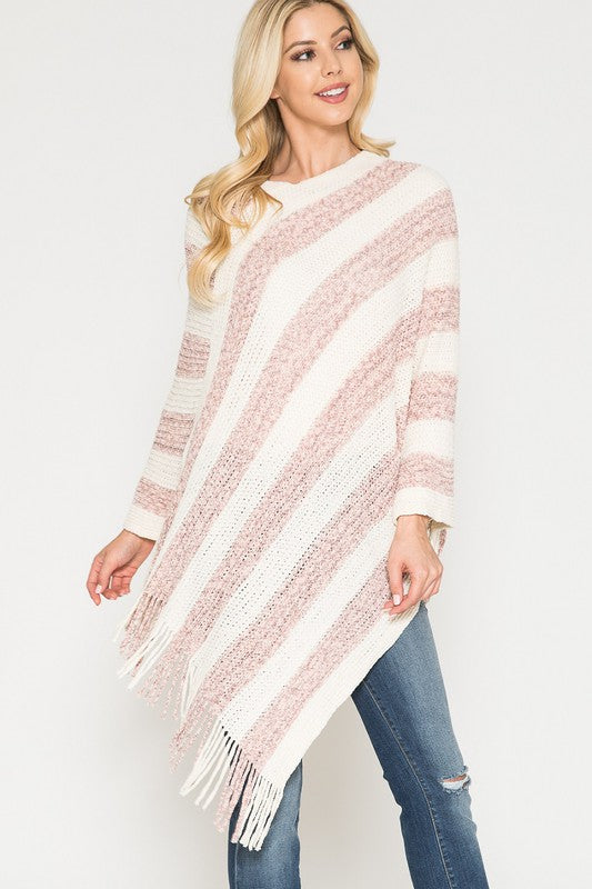 Striped Poncho with Fringe