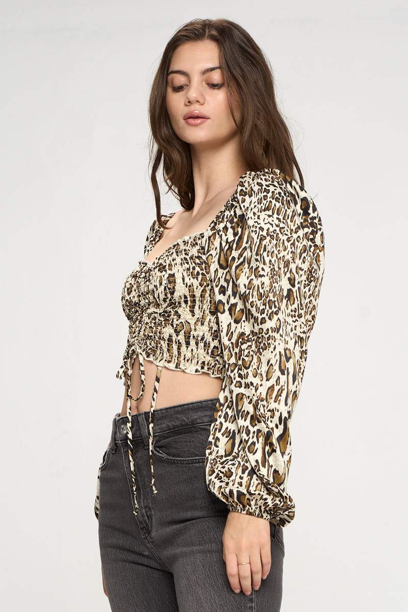 Animal Leopard Print Smock Body Long Sleeves Top
