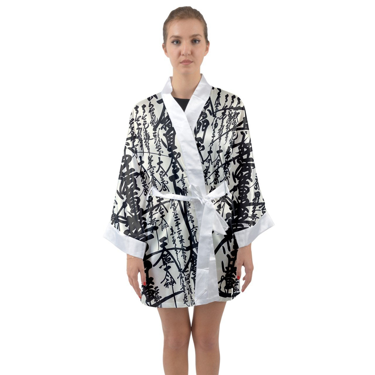 Satin Kimono Oriental Design Kimono Black And White Long Sleeve Kimono