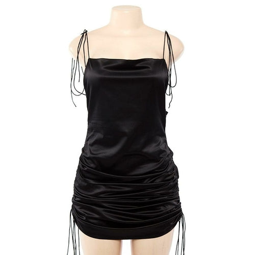 Satin Jacquard Cowl Neck String Along Mini Dress Side Ruched Silky
