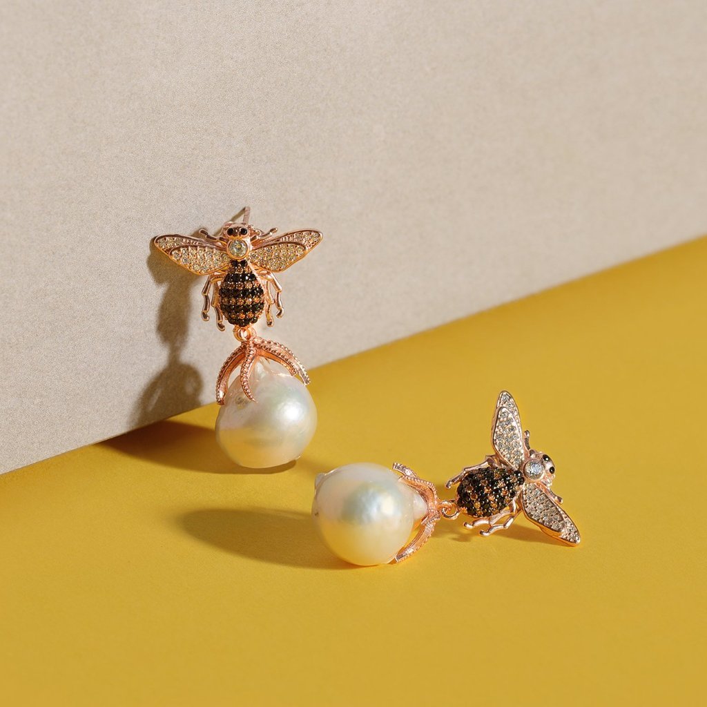 Baroque Pearl Honey Bee Drop Earring Rosegold