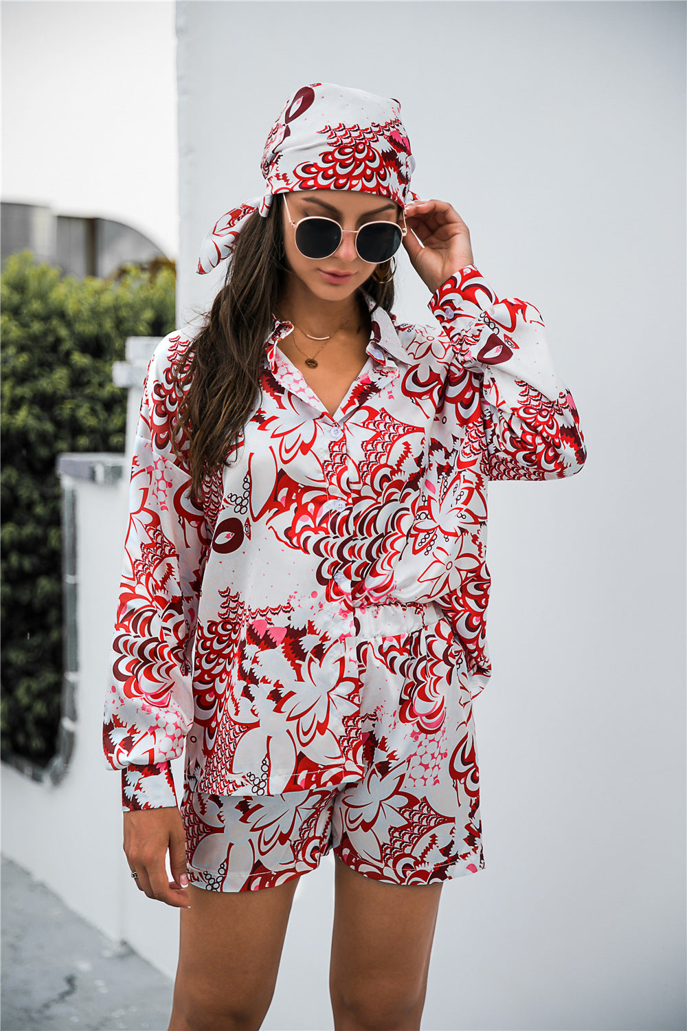 Floral Shirt and Shorts Set with Hair Scarf