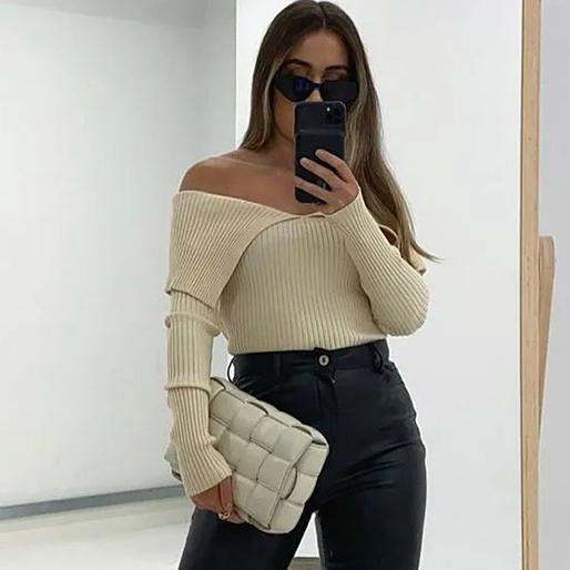 Exposed Shoulders Sexy Knitted Tops Sweaters