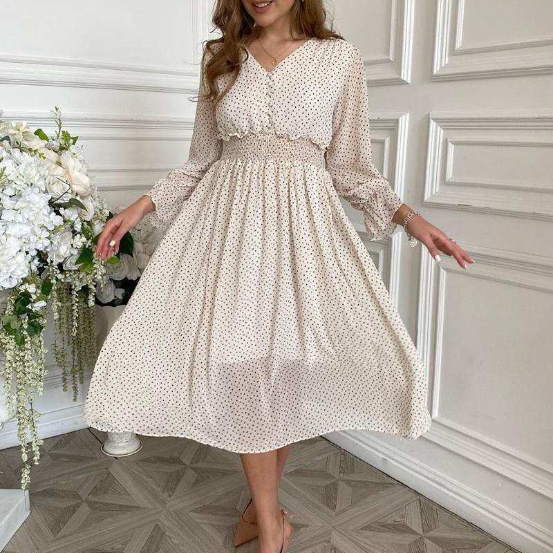 Casual Flare Sleeve Elegant Polka Dot Print Sash Dress