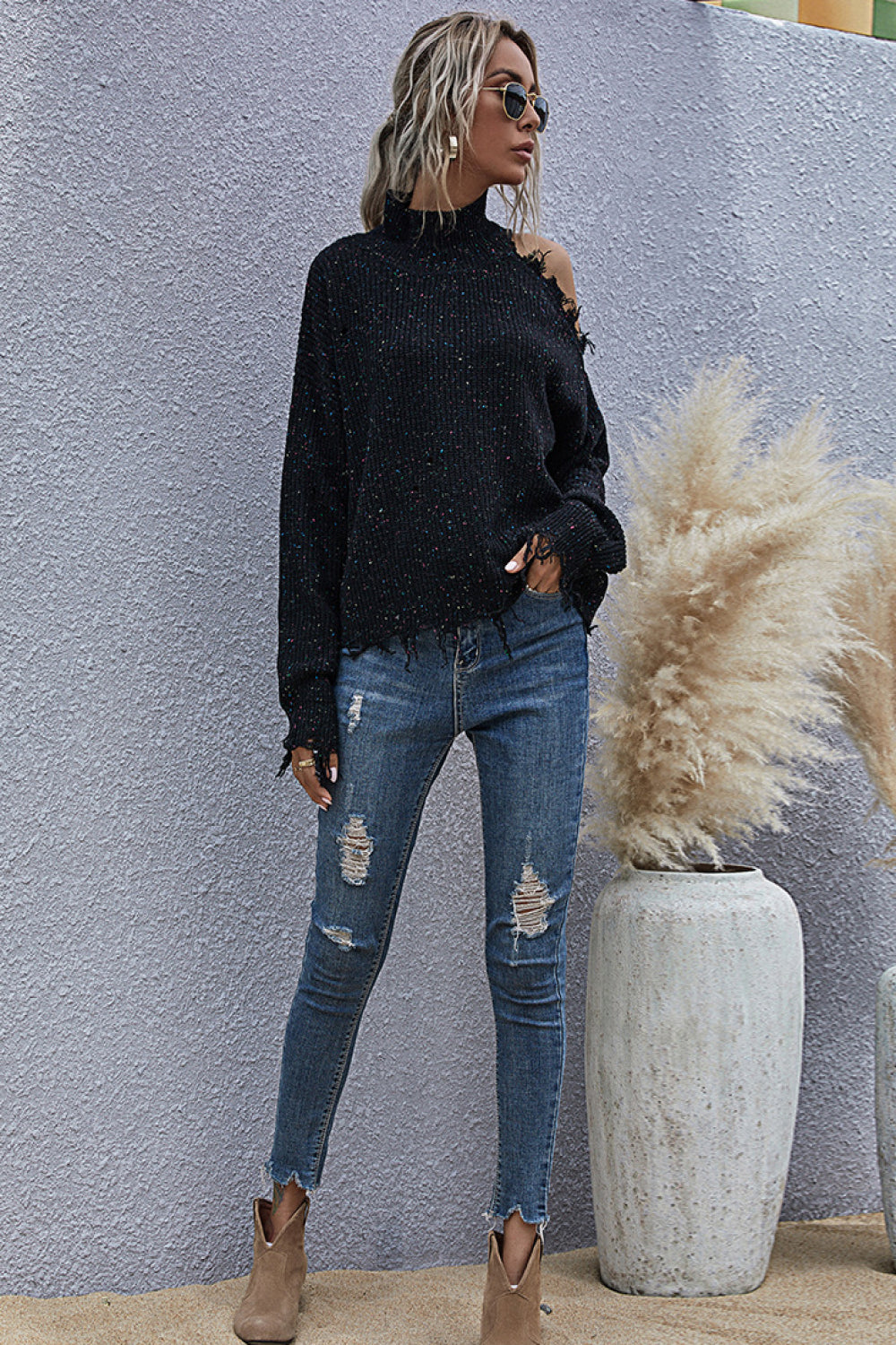 One Shoulder Distressed Sweater