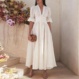 Summer Plaid White Dress Women Three Quarter Sleeve V-Neck Elegant
