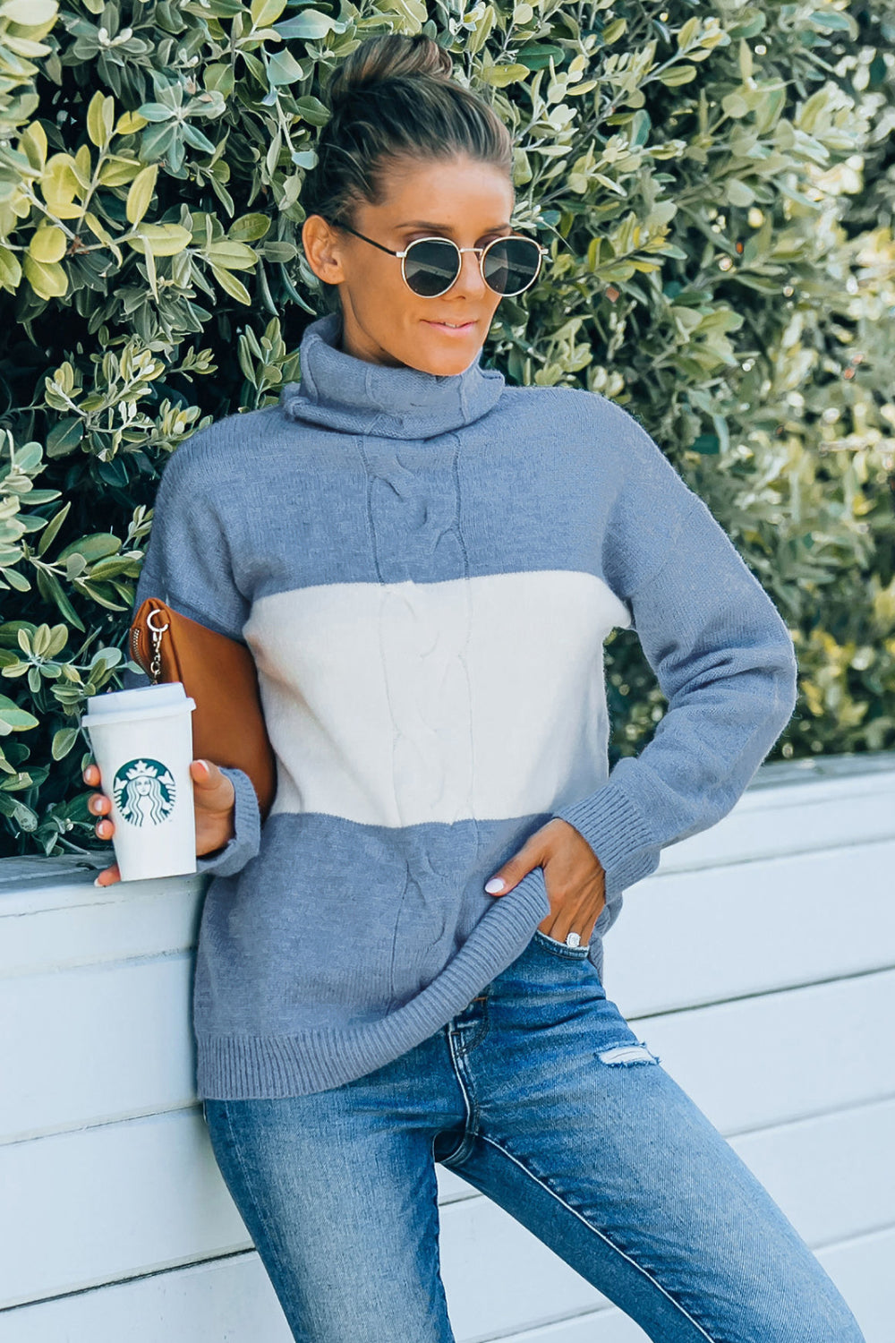 Color Block Funnel Neck Cable Knit Sweater