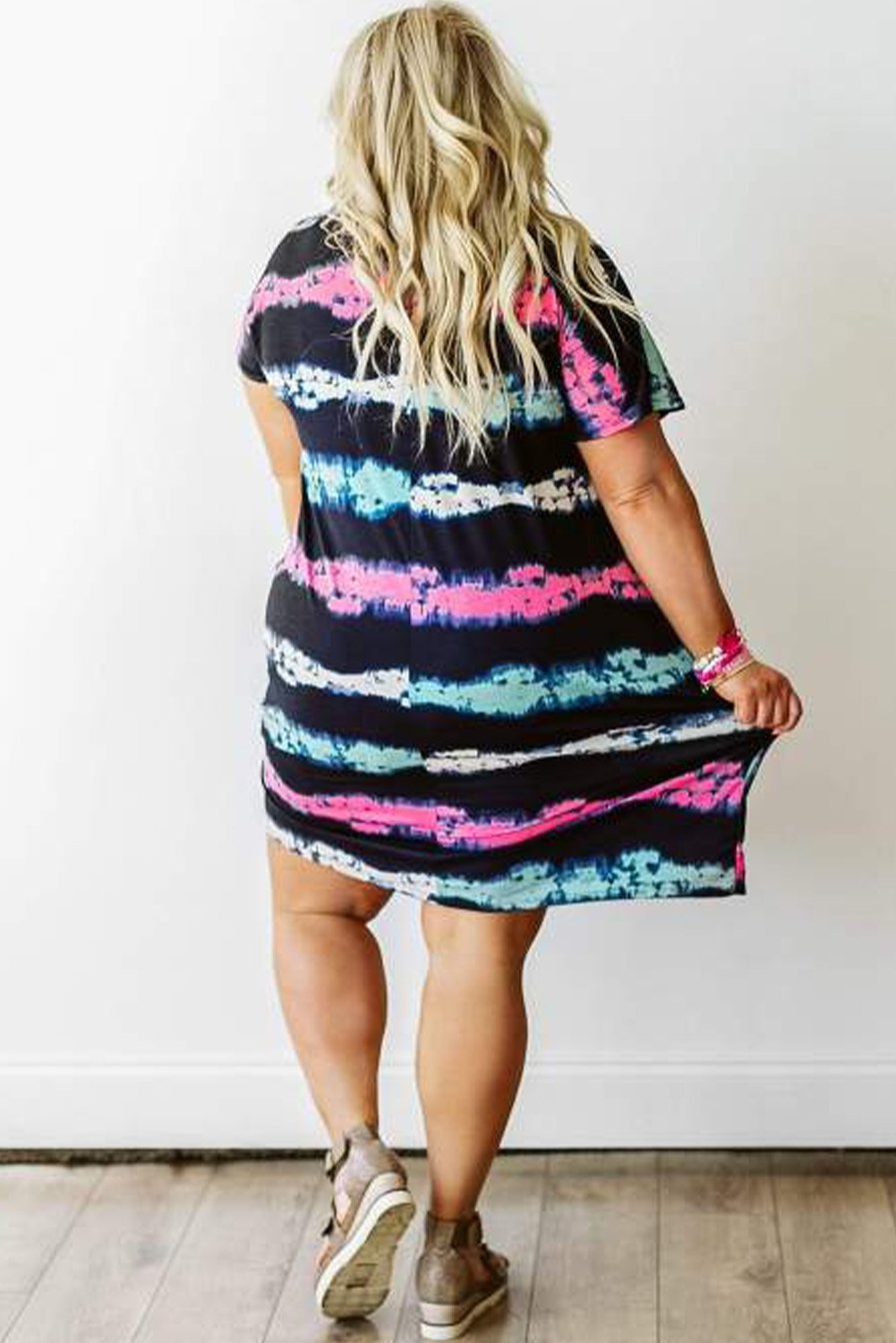 Casual Striped Tie-dyed Short Sleeve Plus Size Mini Dress