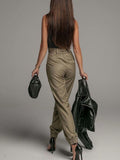 Belted High Waist Cargo Pants Office Lady Solid Long Pant