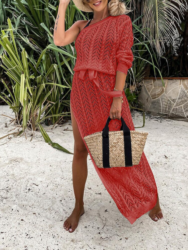 Sexy One-Shoulder Crochet Hollow Out Beach Dress