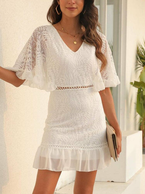 White V-neck Lace Short Sleeve Mini Dress