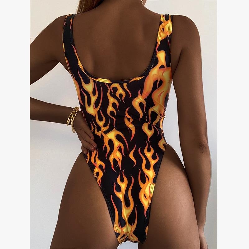 Fire Print Monokini Retro High Cut Bodysuit