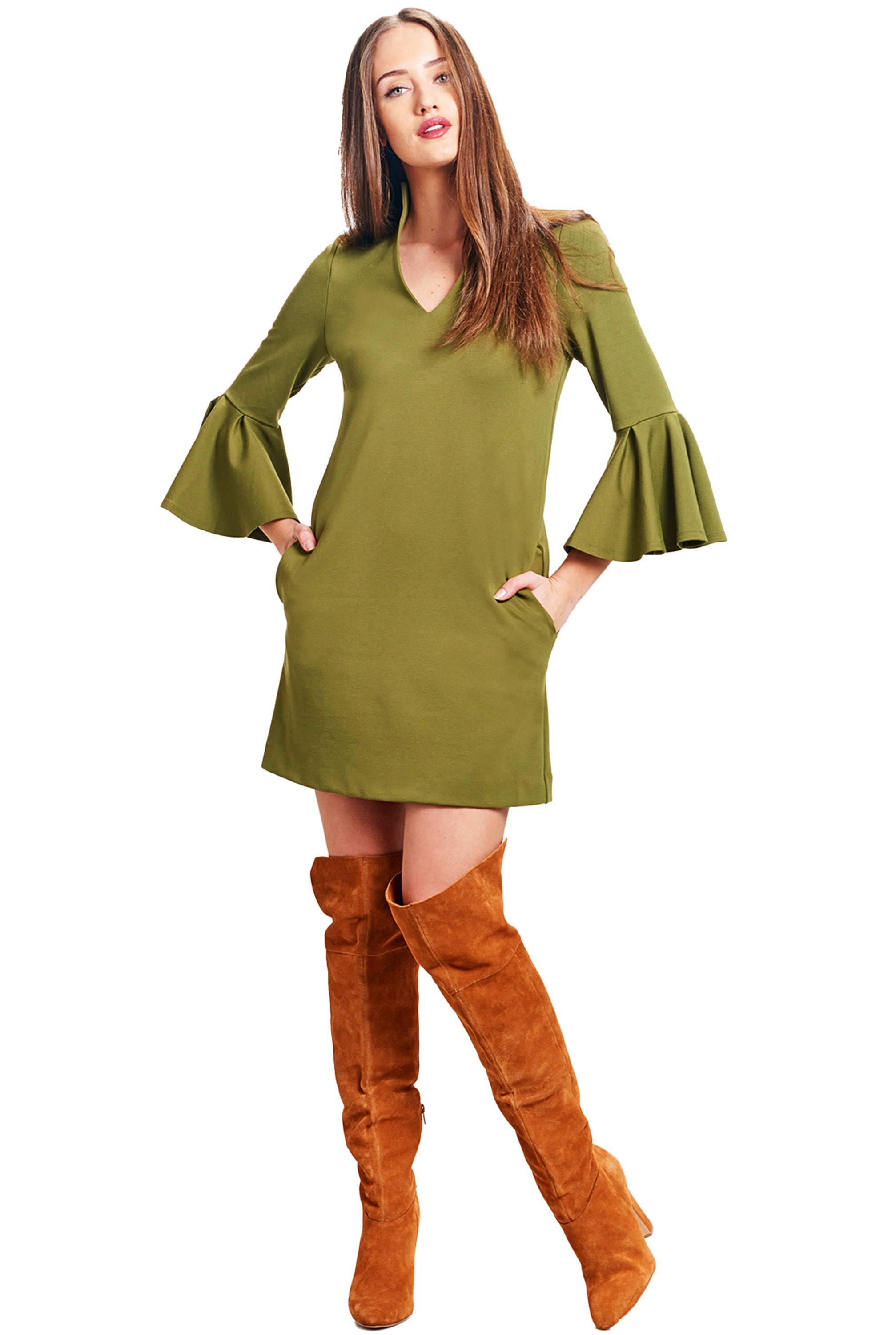 Gina Dress - Bell sleeve shift dress with side slit pockets (olive)
