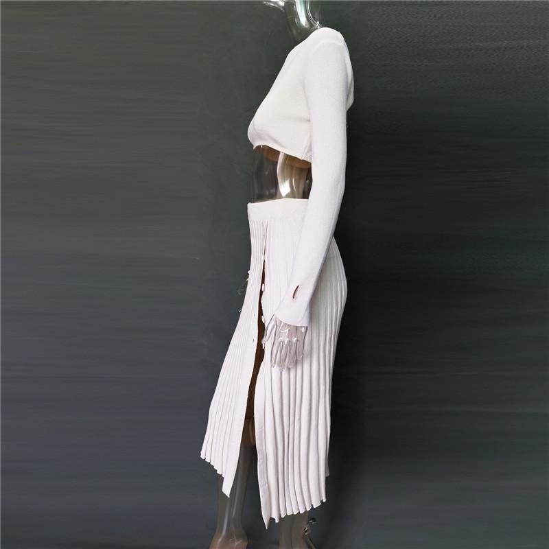 Fashion Women Knitted Pleated Skirt Suit High Slit Sexy Button Long