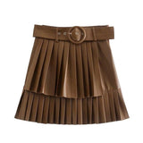 Woman Brown Leather Belt A-Line Skirt