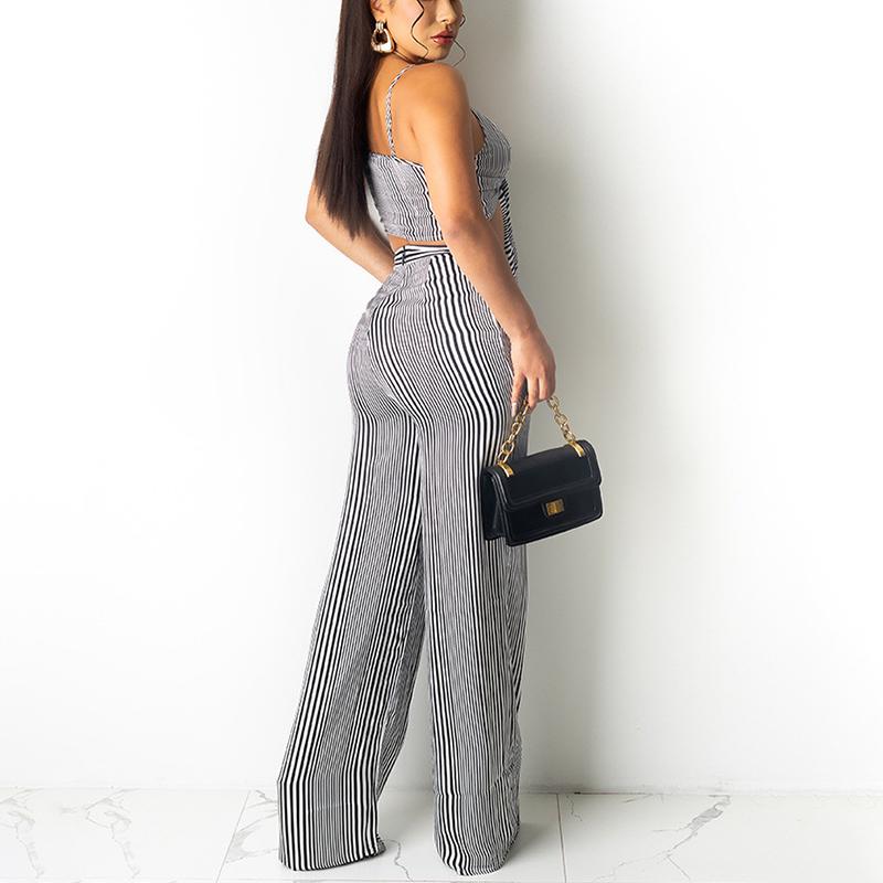 Spaghetti Strap V Neck Striped Jumpsuit Summer Tie Front Loose