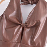 Women Solid Color PU Faux Leather Mini Dress 49