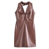Women Solid Color PU Faux Leather Mini Dress 49
