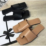 Woman Slippers Clip Toe Flat Solid Square Head Casual Sewing PU shoes