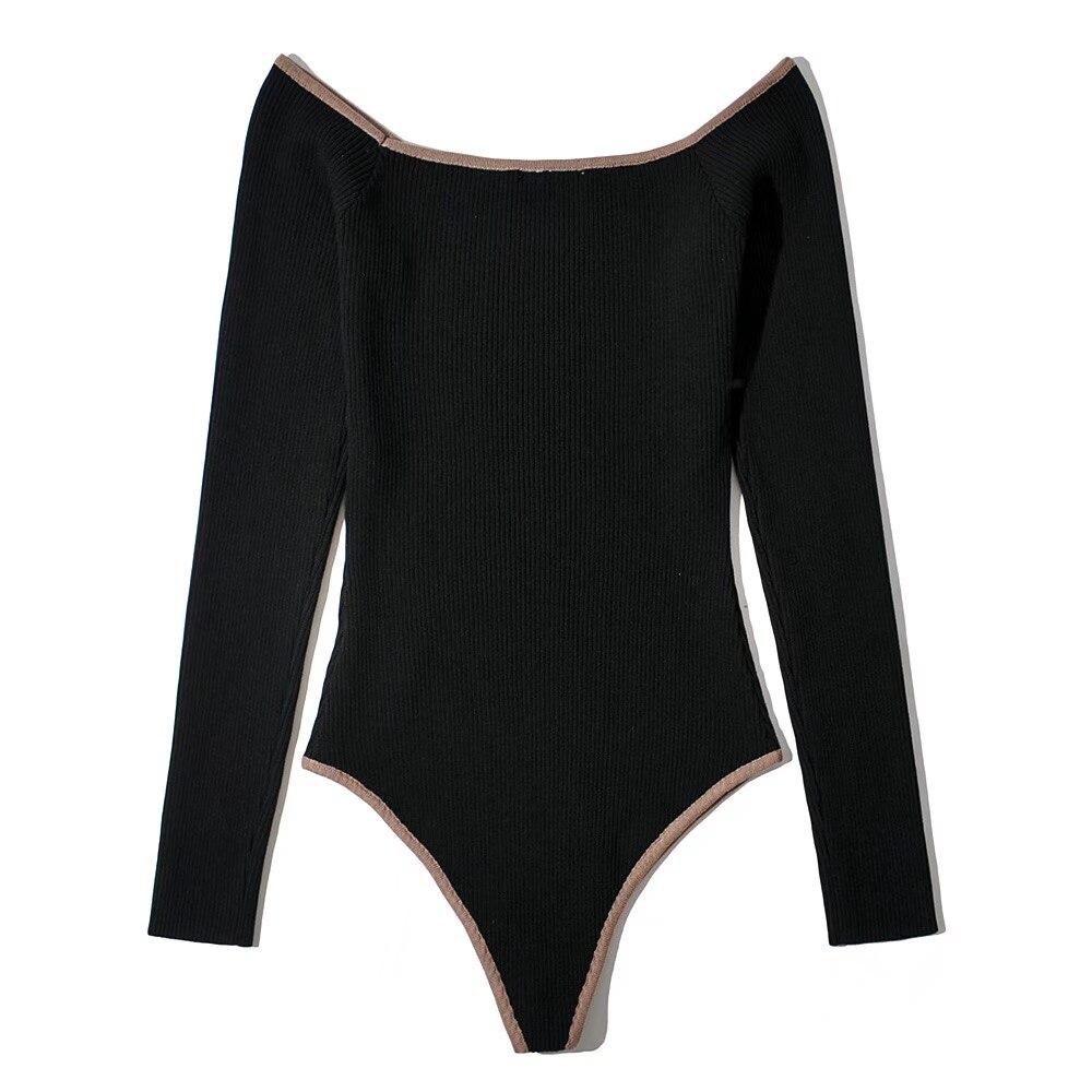 Contrast color Chest Crescent Moon Backless Knitted Bodysuit