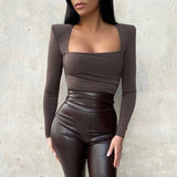 Long Sleeve Solid Square Collar Bodycon Bodysuit