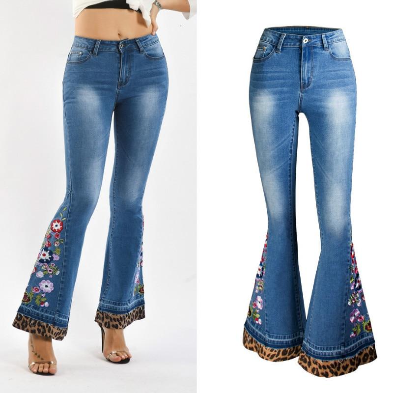 Leopard Patchwork Floral Embroidery Jeans