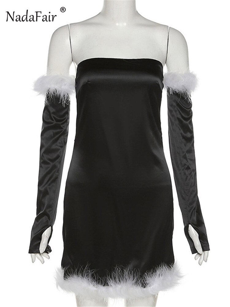Off Shoulder  Feather Party Club Bodycon Dress with Gloves
