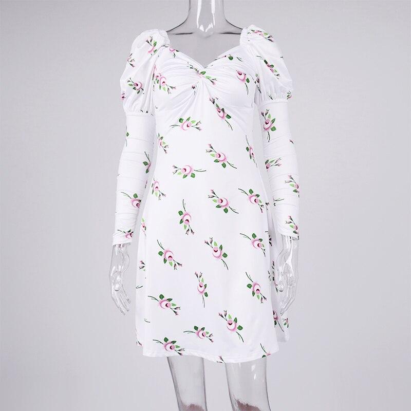 Floral Dress Puff Sleeve Print  Twist  Mini White Dress