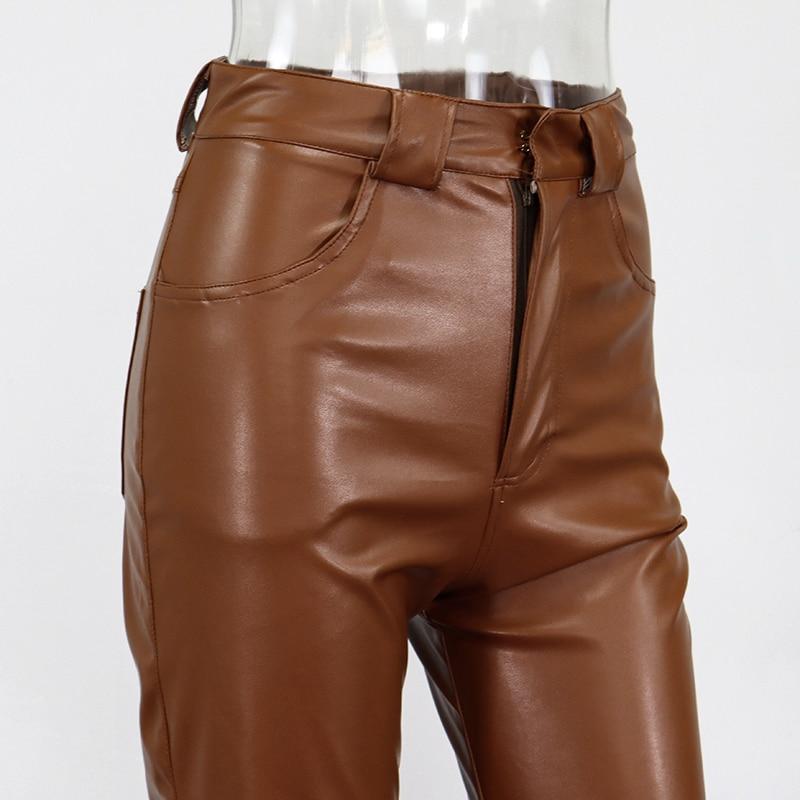 Woman Pants High Waist Zipper Solid Color Long Leather Pants