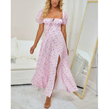 Puff Sleeve Side Split Cut out Tie up Zipper Ruched Long Dress