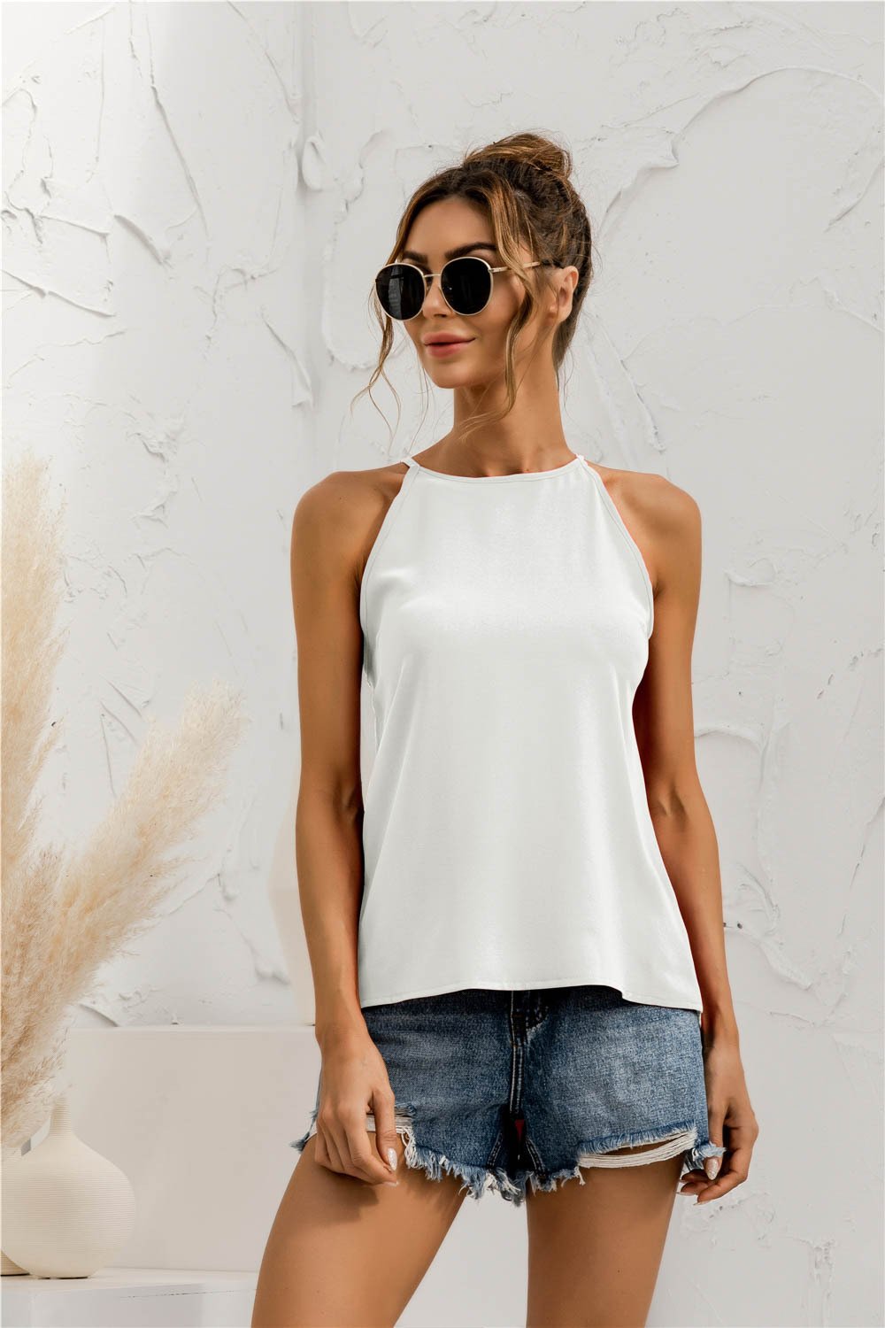 Women Summer T-Shirt Sleeveless Halter Solid Color