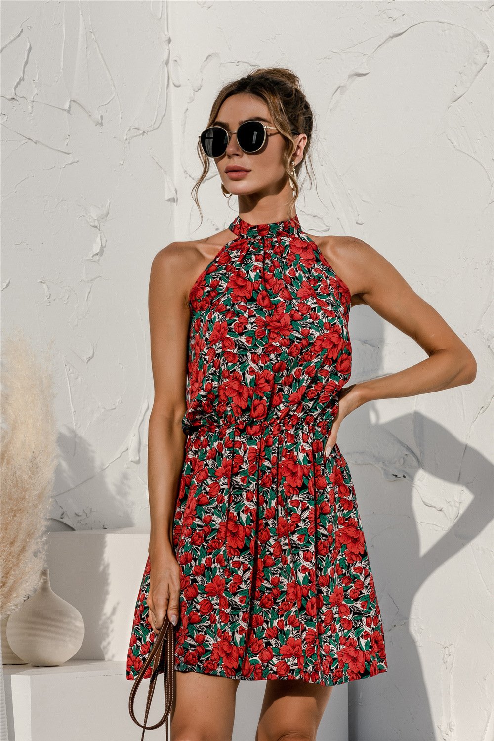 Summer Sexy Halter Lace Up Floral Print mini Dress
