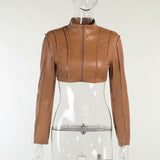 Long Sleeve Top Solid Fur Ruched Pu Leather Jacket