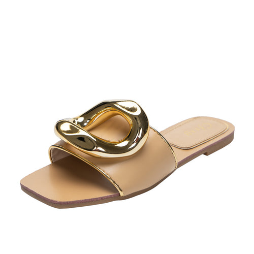 Women's Slippers Gold Buckle One-Word Outer Wear Fashion Gold-Rimmed