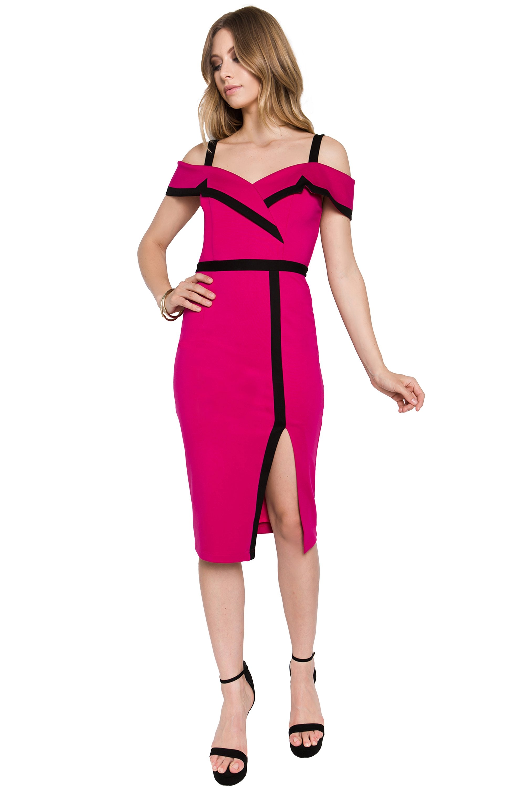 Olivia Dress - Cold shoulder color block dress with thigh high slit