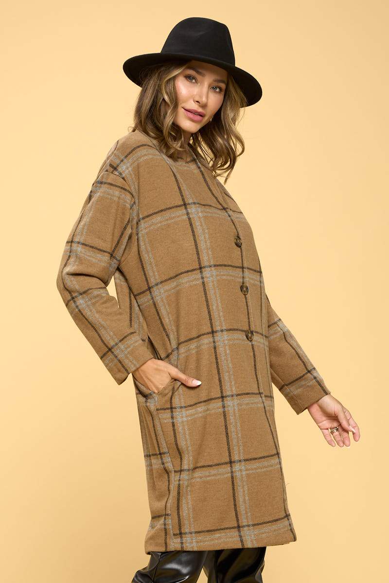 Plaid Coat with Buttons and Pockets