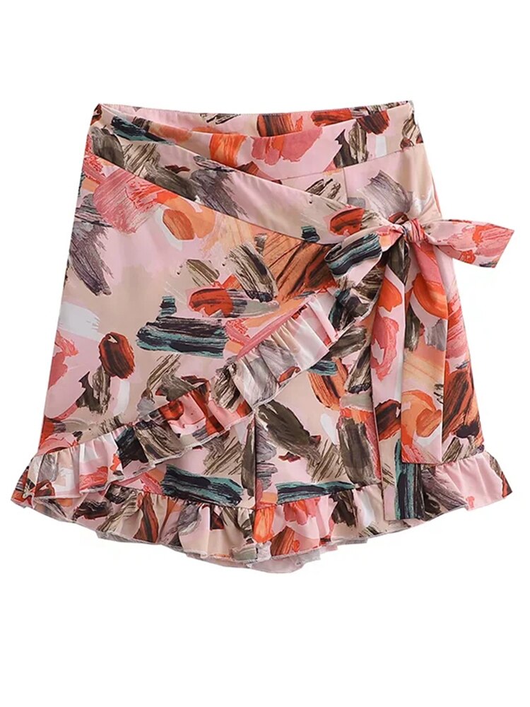 Sexy One Shoulder Tie-dyed Print Ruffle Shorts Sets  Elastic Bust Boho