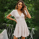 Short Sleeve Mini Dress Summer Floral Print Slim  A Line Dress