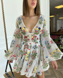Women's Spring Mesh Floral Embroidery Sexy V-Neck Dress