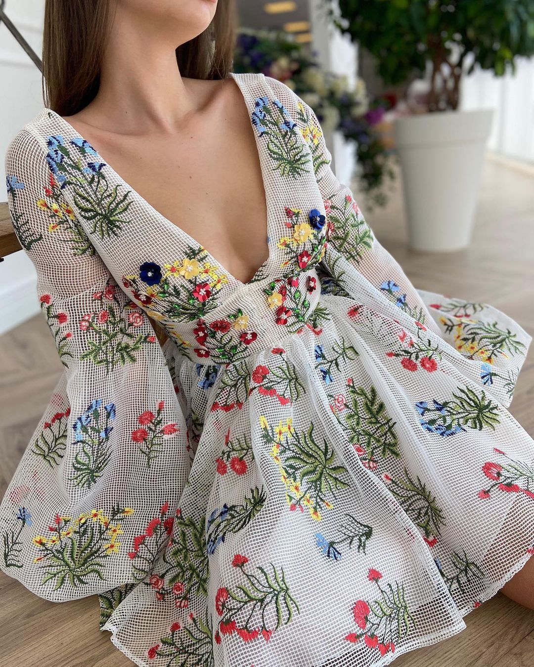 Women's Spring Mesh Floral Embroidery Sexy V-Neck Dress