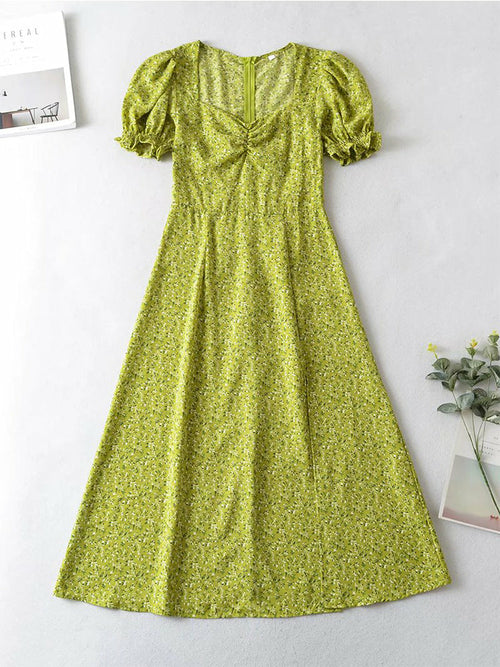 Vintage High Waist Green Floral Print Short Sleeve Dress