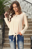 Waffle Knit Front Tie Cold Shoulder Long Sleeve Top