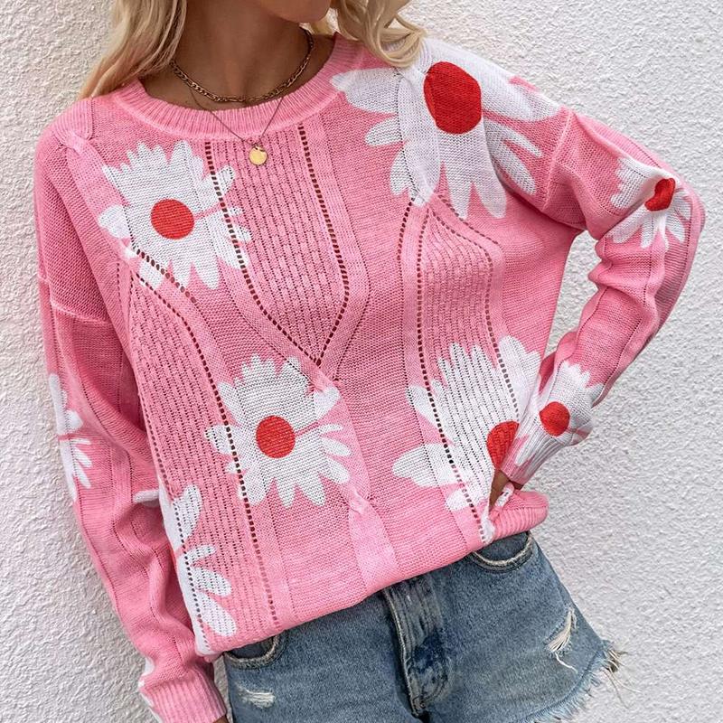 Elegant White Flowers Knitted Oversized Sweater Long Sleeve Hollow Out
