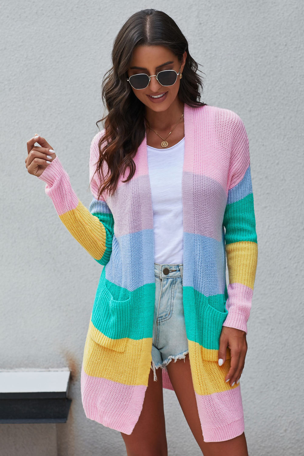 Color Block Open Front Knit Cardigan