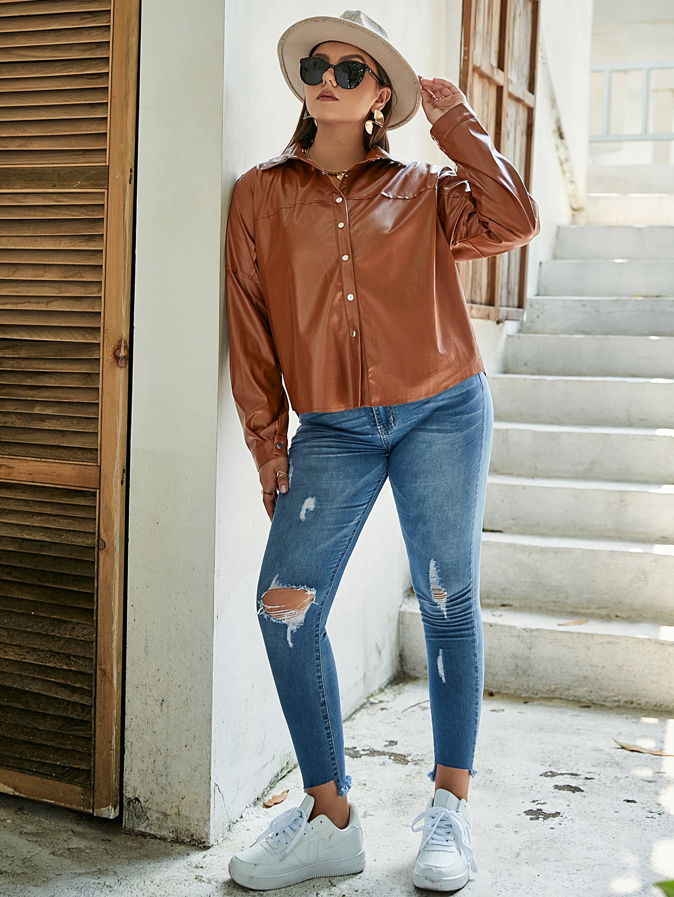 Plus Size Button Down PU Leather Jacket